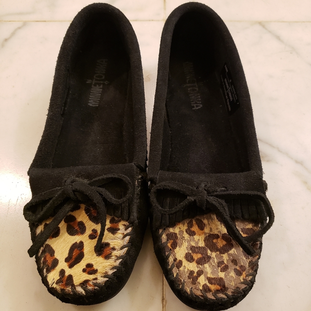 Minnetonka Black Leopard Kilty Moccasins